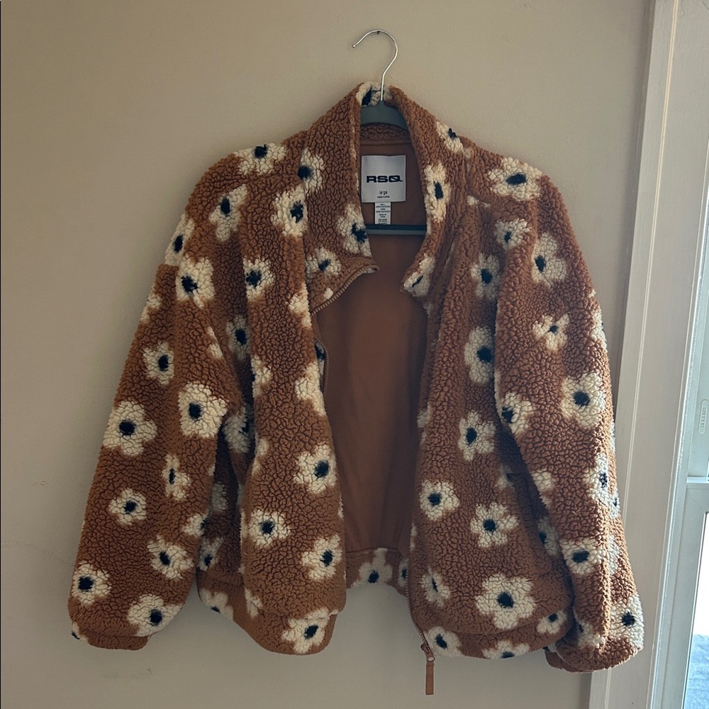 RSQ Brown Teddy Jacket with White Floral Pattern